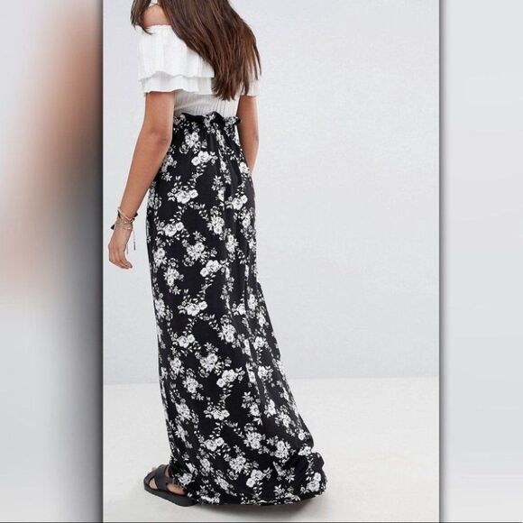 Tall Paper Bag Waist Floral Maxi Skirt long Black White Classic Neutral - Picture 2 of 3